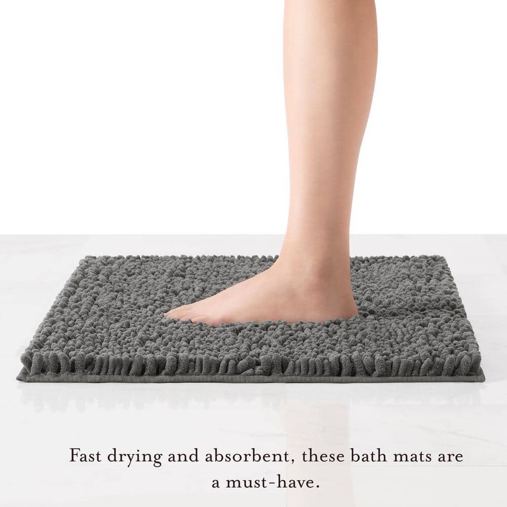 Dark Gray Chenille Non-Slip Bath Mat with Rubber Backing
