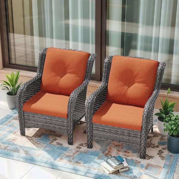 JOYSIDE Ergonomic Arm 2-Piece Patio Wicker Outdoor Lounge Chair with Orange Cushions