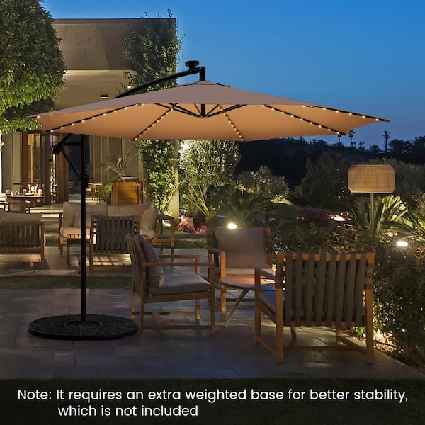 10 hanging patio umbrella brown colors HONEY JOY 10 ft. Solar Tilted Cantilever Hanging Patio Umbrella with LED  Lights Sun Shade Offset Umbrella in Beige TOPB006931