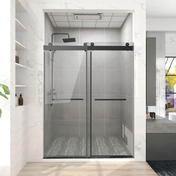 76 in. W x 76 in. H Freestanding Double Sliding Frameless Corner Shower Enclosure in Matte Black