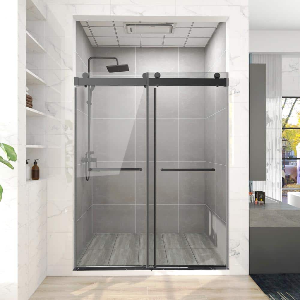 76'' Matte Black and Clear Glass Semi-Frameless Shower Enclosure