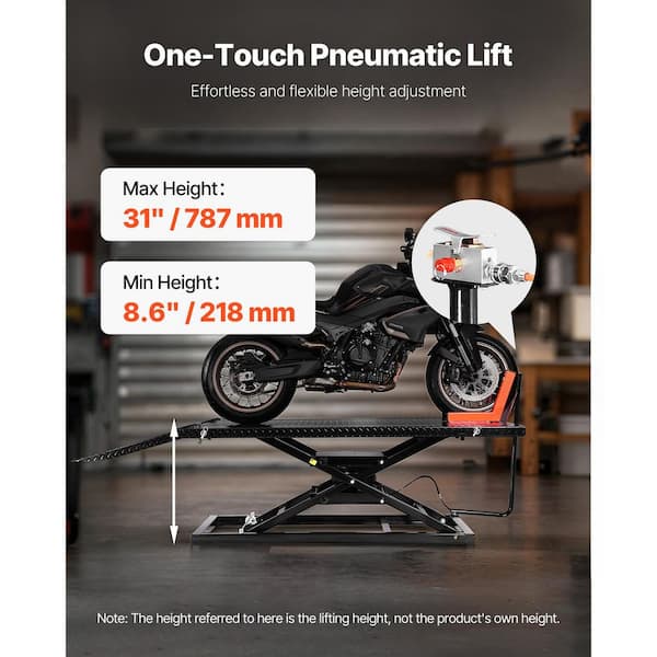Motorcycle Lift Table, 1500 lbs. Capacity, Pneumatic Jack, Adjustable Height 8.6-31 in., Durable Repair Stand