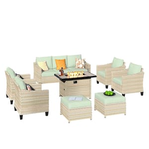 Oconee Beige 8-Piece Modern Outdoor Patio Conversation Sofa Set with a Rectangle Fire Pit and Mint Green Cushions