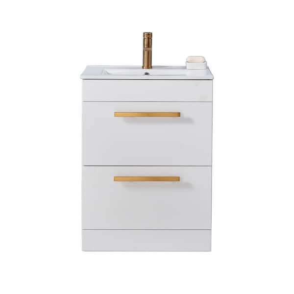 VAPSINT 24 in. W x 15 in. D x 32 in. H 2-Drawers Bathroom Vanity in White with Single White Ceramic Sink