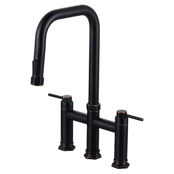Double-Handle Bridge Kitchen Faucet with Pull-Down Sprayhead and 360° High-Arc Spout in Oil Rubbed Bronze