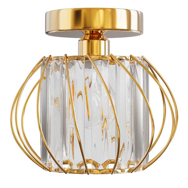 Briignite 7 in. 1-Light Gold Modern Crystal Semi Flush Mount Ceiling Light with Cage Design for Hallway, Entryway, or Bedroom