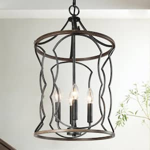 4-Light Drum-Shaped Cage Farmhouse Chandelier with Antique Brushed Silver Finish