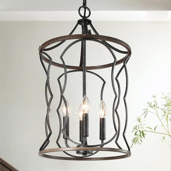 Unbranded 4-Light Drum-Shaped Cage Farmhouse Chandelier with Antique Brushed Silver Finish