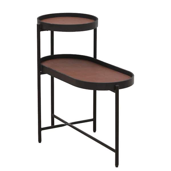 Aoibox Metal Frame 29.13 in. Brown Oval Wood and PU End Table with 2-Tier Shelves