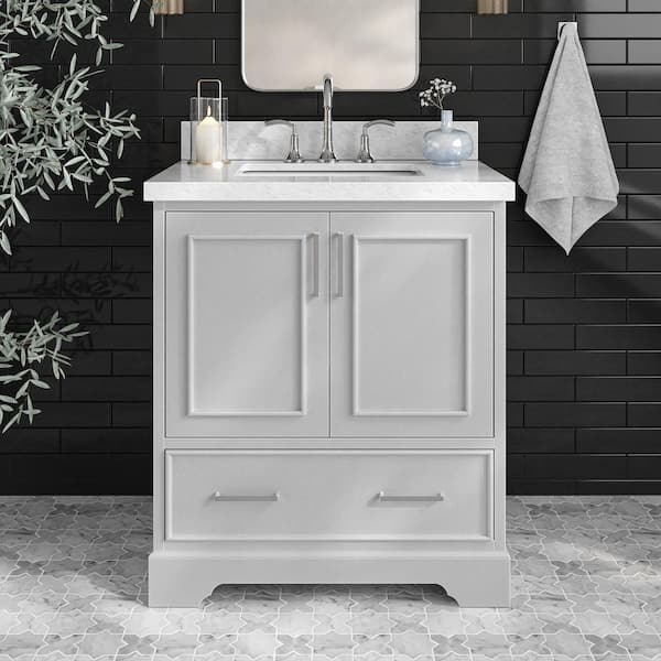 ARIEL Stafford 30 in. W x 22 in. D x 36 in. H Single Sink Freestanding Bath Vanity in Grey with Carrara White Marble Top