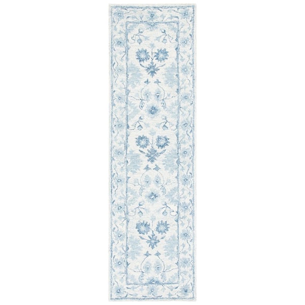 Micro-Loop 2 ft. x 12 ft. Blue/Ivory Floral Ornate Runner Rug