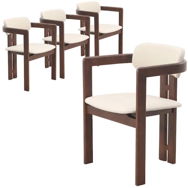 Upholstered Dining Chair in Leather with Oopen Back and Wood Legs Set of 4 Velo Collection (Walnut/Taupe)