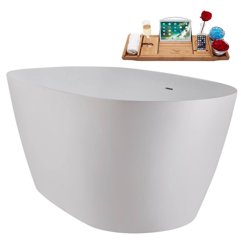 67" Matte White Stone Resin Freestanding Soaking Tub with Chrome Drain