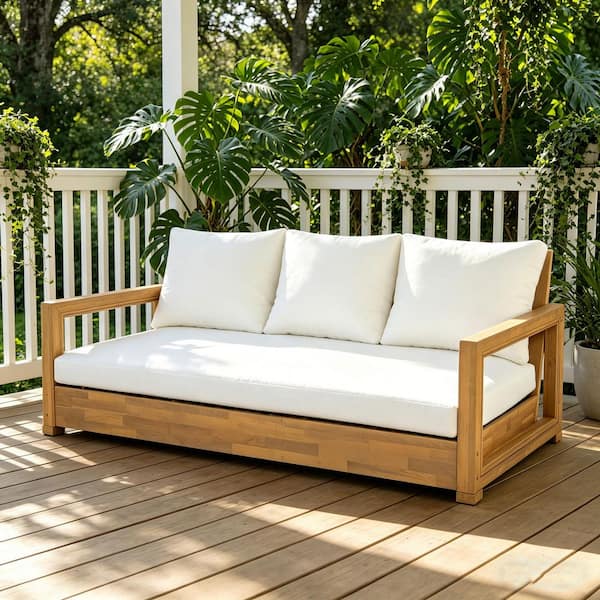 Cruzito Brown Solid Wood Outdoor 3-Seater Sofa Couch with Beige Cushions