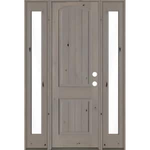 58 in. x 96 in. Rustic knotty alder Sidelite 2 Panel Left-Hand/Inswing Clear Glass Grey Stain Wood Prehung Front Door