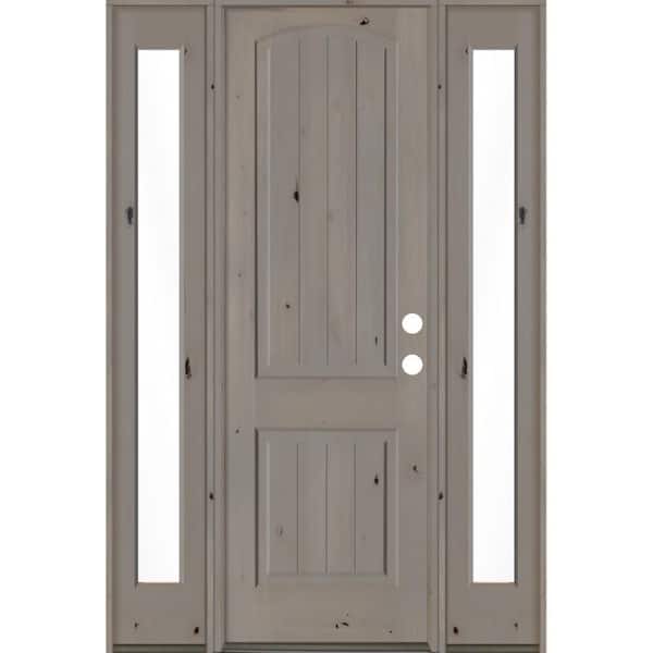 Krosswood Doors 58 in. x 96 in. Rustic knotty alder Sidelite 2 Panel Left-Hand/Inswing Clear Glass Grey Stain Wood Prehung Front Door