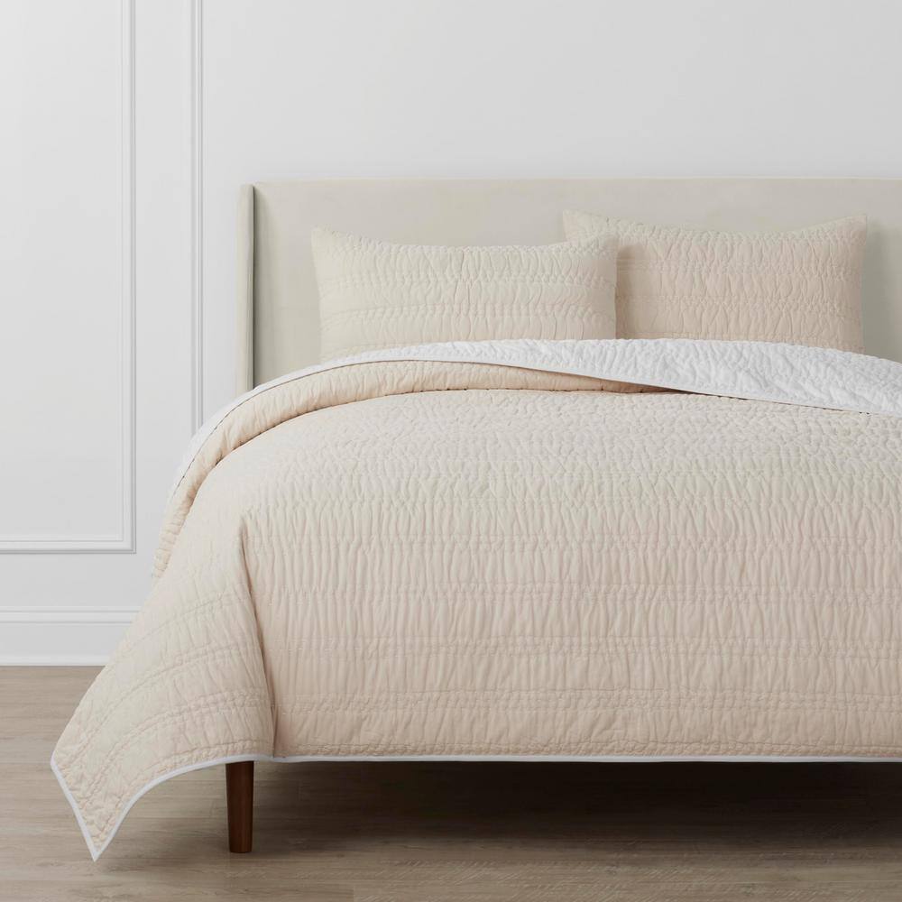 3-Piece Bright White/Khaki Handcrafted King Reversible Pick-Stitch Cotton Quilt Set price history on PriceWatchPro