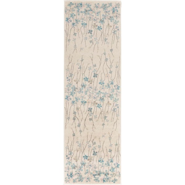 Tranquil Ivory 2 ft. x 7 ft. Floral Modern Kitchen Runner Area Rug