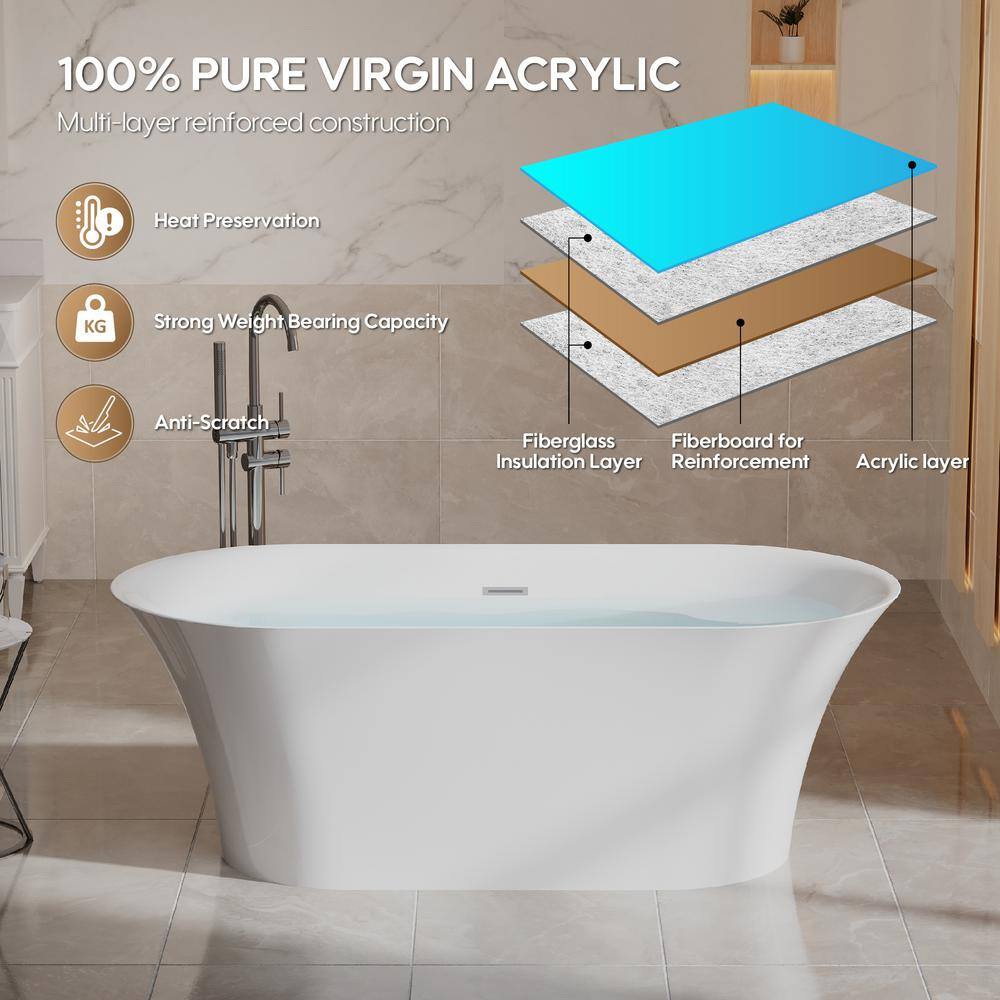 67-Inch Glossy White Acrylic Freestanding Soaking Bathtub with Chrome Drain