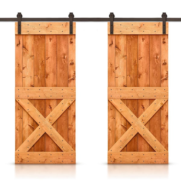 CALHOME 76 in. x 84 in. Mini X Series Red Walnut Stained DIY Solid Pine Wood Interior Double Sliding Barn Door With Hardware Kit