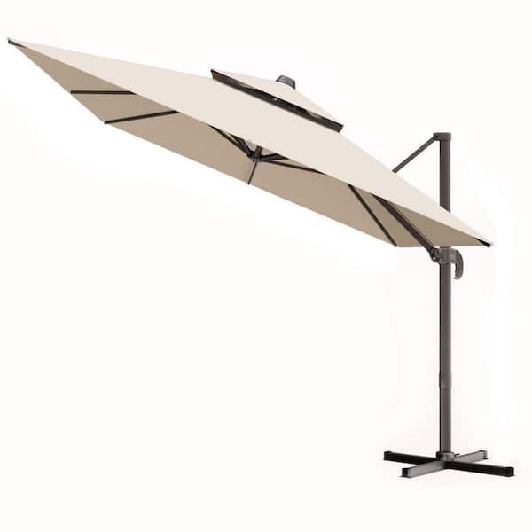10 ft. x 13 ft. Aluminum Cantilever Market Solar Tilt Half Patio Umbrella in Beige Canopy Color Family