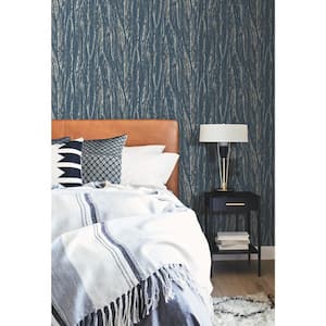 Navy Native Leaves Paper Unpasted Matte Wallpaper (27 in. x 27 ft.)