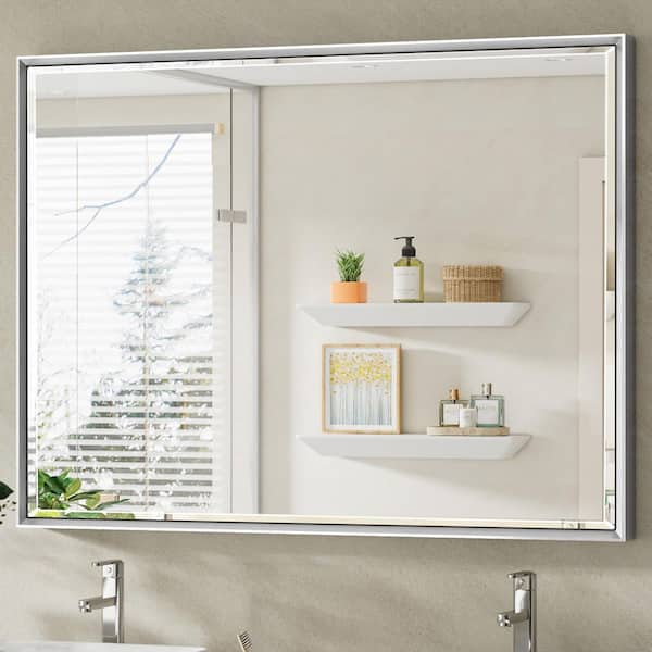 40 in. W x 30 in. H Aluminum Beveled Edge Rectangular Framed Bathroom Vanity Wall Mount Mirror in Brushed Silver