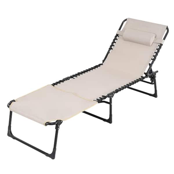 Black Folding Oxford and Metal Outdoor Chaise Lounge Chair in Khaki with 5-Position Adjustable Backrest