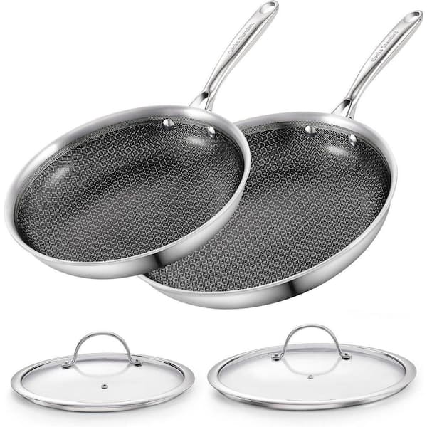2-Piece 10 and 12 in. Multi-Ply Clad Stainless Steel Hybrid Nonstick Frying Pan Set, Skillet with Tempered Glass Lids
