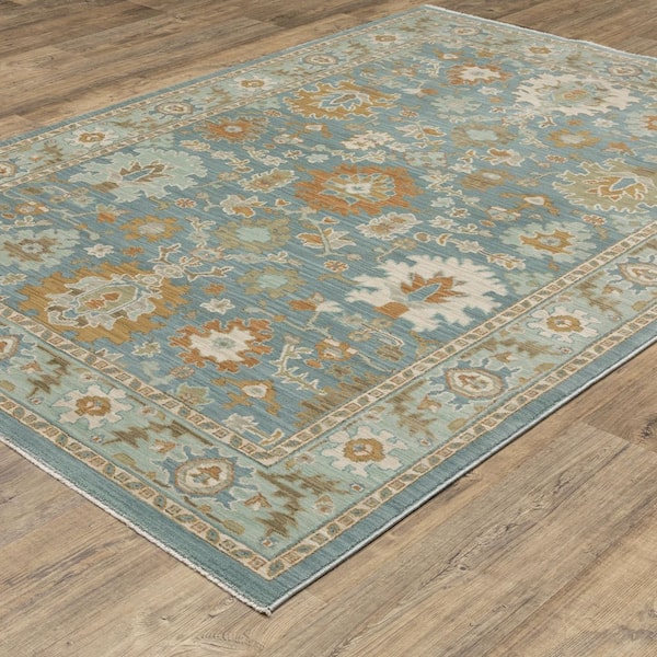 Maco Blue/Rust 8 ft. x 11 ft. Floral Oriental Distressed Polypropylene Fringe-Edge Indoor Area Rug
