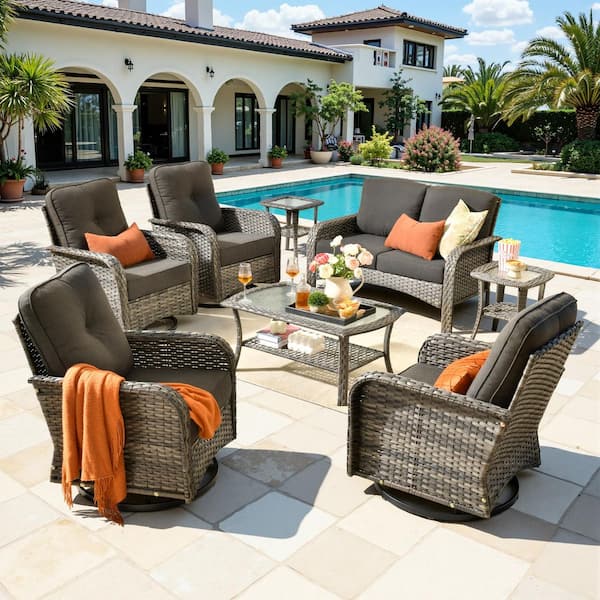Lily A Gray 8-Piece Wicker Outdoor Patio Conversation Set with Swivel Rocking Chairs and Black Cushion