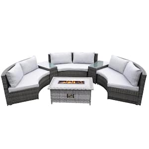 Hermione Half Moon Black 6-Piece Wicker Outdoor Sectional Set with Gray Cushions and Fire Pit Table