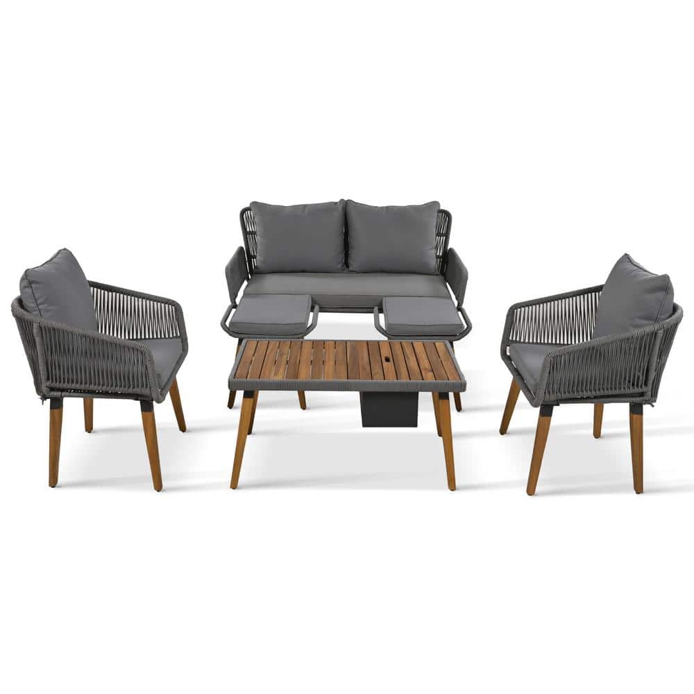 6-Piece Black White Rope Outdoor Conversation Set with Grey Cushions Acacia