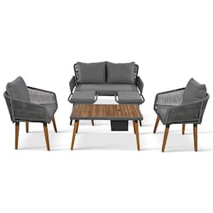 6-Piece Black White Rope Outdoor Conversation Set with Grey Cushions Acacia Wood Cool Bar TableDeep Seat with 2 Stools