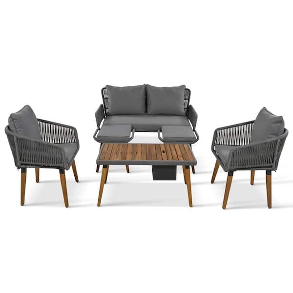 Unbranded 6-Piece Black White Rope Outdoor Conversation Set with Grey Cushions Acacia Wood Cool Bar TableDeep Seat with 2 Stools