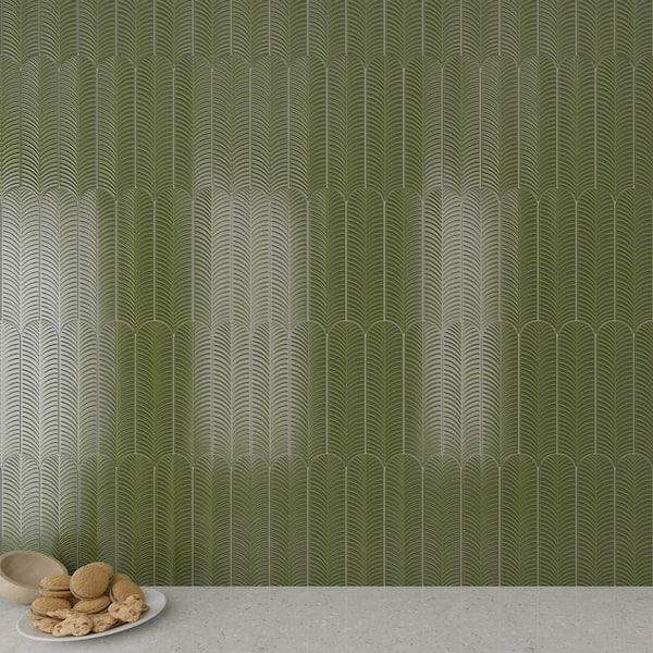Feather Fern Green 3 in. x 12 in. 3D Textured Glossy Ceramic Subway Wall Tile (20-Piece, 4.84 sq. ft. /Case)