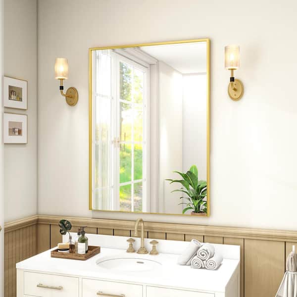 GLSLAND 24.1 in. W x 35.8 in. H Rectangular Metal Framed Wall Bathroom Vanity Mirror Gold