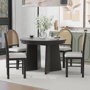 5-Piece Espresso MDF Top Extendable Dining Table Set with 4 Rattan Backrests Chairs