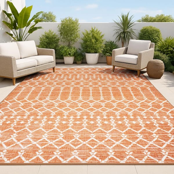 JONATHAN Y Ourika Moroccan Geometric Textured Weave Orange/Cream 5 ft. x 8 ft. Indoor/Outdoor Area Rug