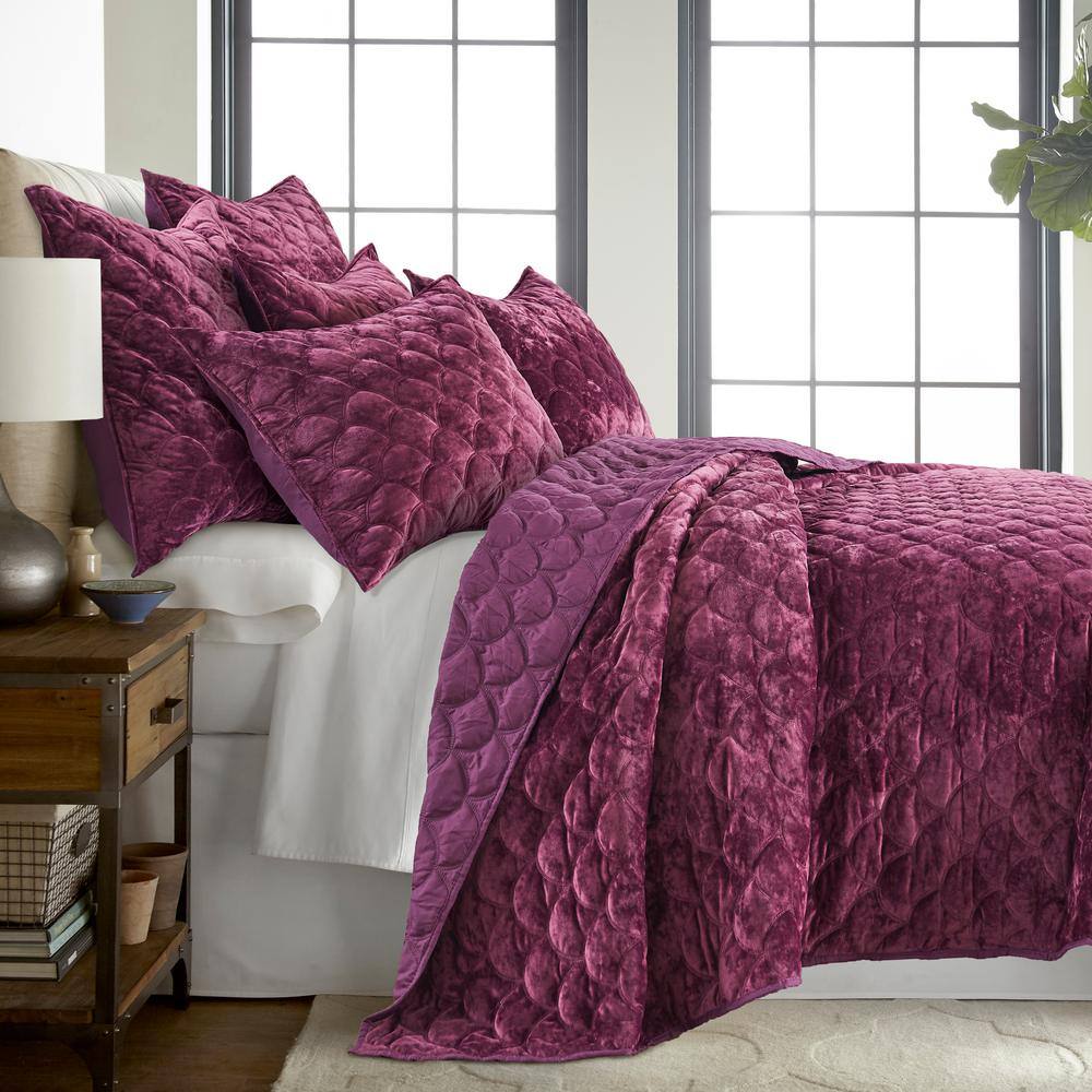 Plum Velvet King Reversible Quilt with Scallop Quilting