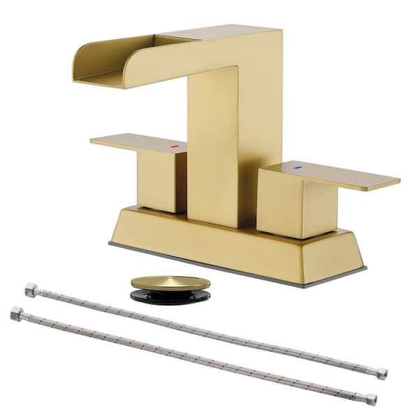 PERLIRIA INC 4 in. Centerset Double Handle Waterfall Bathroom Faucet with Drain Kit, Square Bathroom Sink Faucet in Brushed Gold