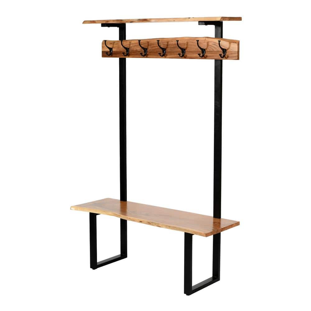 Natural Acacia Wood Hall Tree with Metal Hooks and Shelves