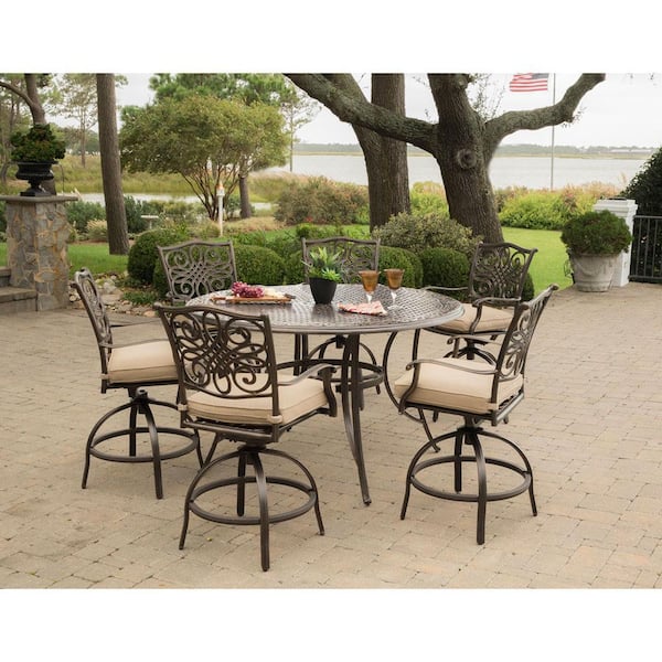 Hanover Traditions 7-Piece Aluminum Outdoor High Dining Set with Swivel Chairs with Natural Oat Cushions