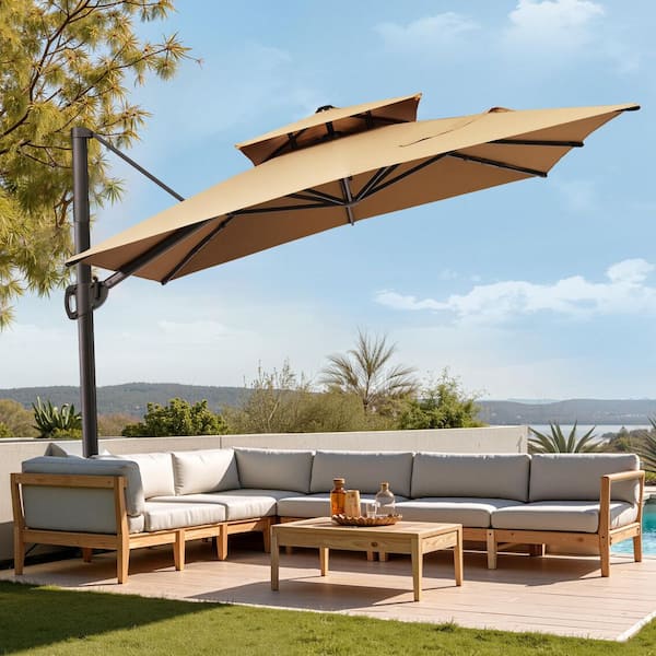 Double Top 9 ft. x 10.5 ft. Aluminum Outdoor Cantilever Swivel Adjustable Canopy Tilt Patio Umbrella in Tan with No Base