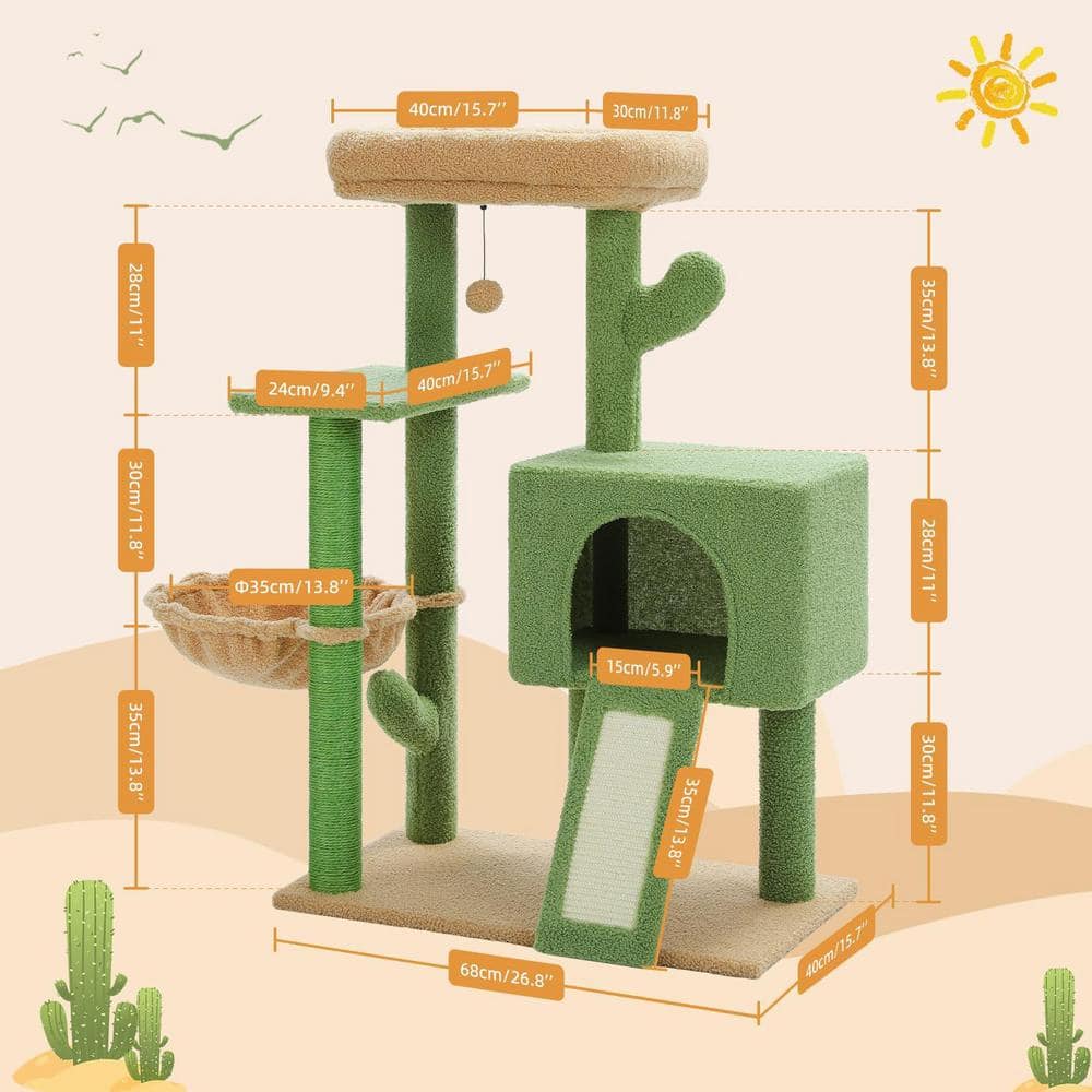 41-Inch Green and Beige Sisal Cactus Cat Tower with Cozy Condo