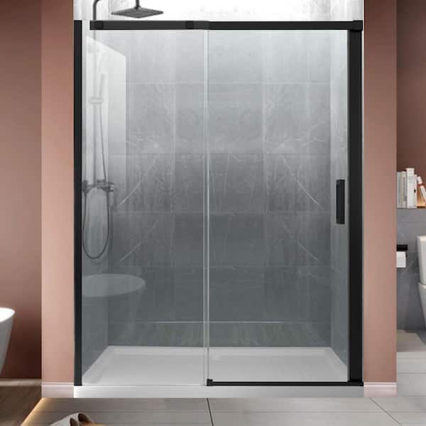 56 - 60 in. W x 74 in. H Frameless Sliding Glass Shower Door in Black Finish With 5/16 in. (8mm) Clear Glass