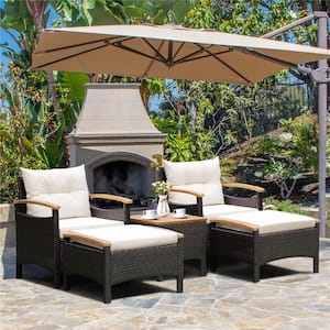 5-Piece Patio Rattan Furniture Set Sofa Ottoman Cushioned Table with Wood Top in Off White