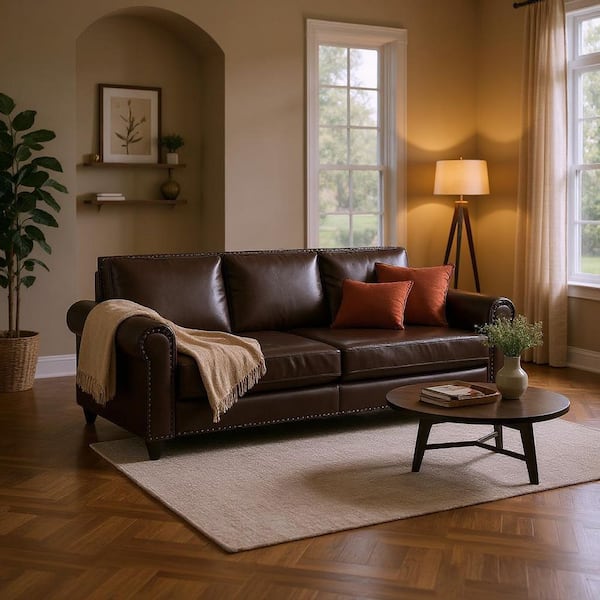 DBZY 93.7 in. Espresso Faux Leather King Size 3-in-1 Convertible Sofa Bed with Nailhead Trim and Rolled Arms