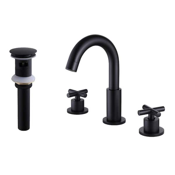8 in. Widespread Double Handle Bathroom Faucet with Pop-up Drain Kite Modern Brass Sink Basin Vanity Taps in Matte Black