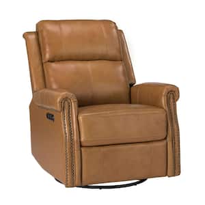 Kaletan Traditional Camel Genuine Leather Power Sliding and Rocking Swivel Recliner Nursery Chair with Rolled Arms